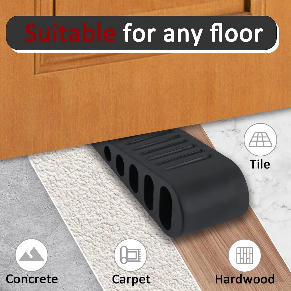 JQK Rubber Door Stopper Wedge, Black 3 Pack Soft TPR Premium Door Stops for Bottom of Heavy Duty Door on Tile, Concrete, Carpet, Wooden Floor, DSB61-BK-P3