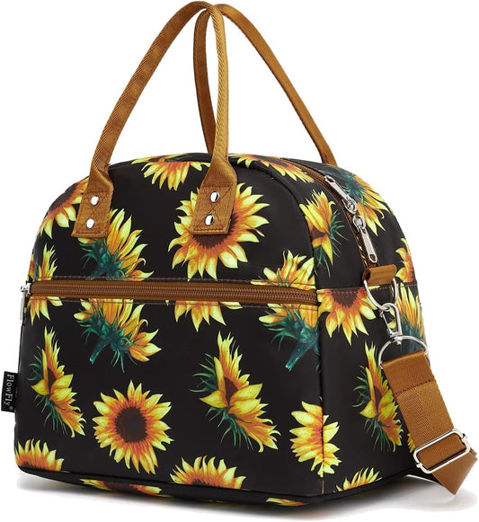 FlowFly Insulated Lunch Bag With Shoulder Strap for Women, Men, and Kids, Large and Reusable, Handle, Freezable Work and School Travel Tote and Meal Prep Organizer,Sunflower