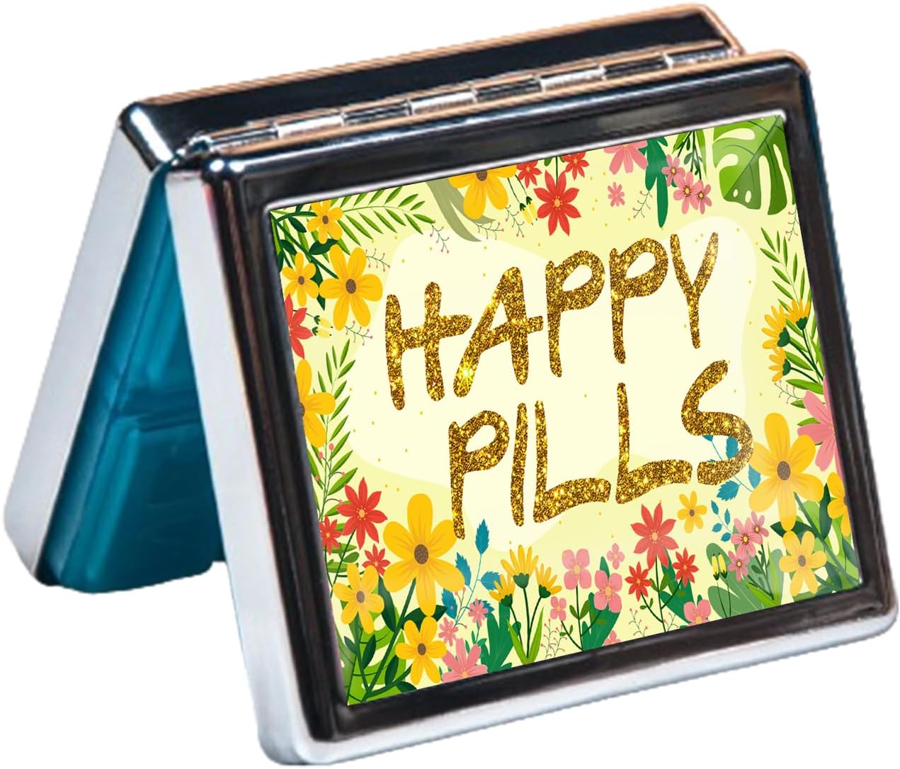 Silver Vintage Pill Box 7 Day Metal Pill Box with Mirror and 8 Compartments Cute Travel Pill Organizer for Purse (Happy Pills)