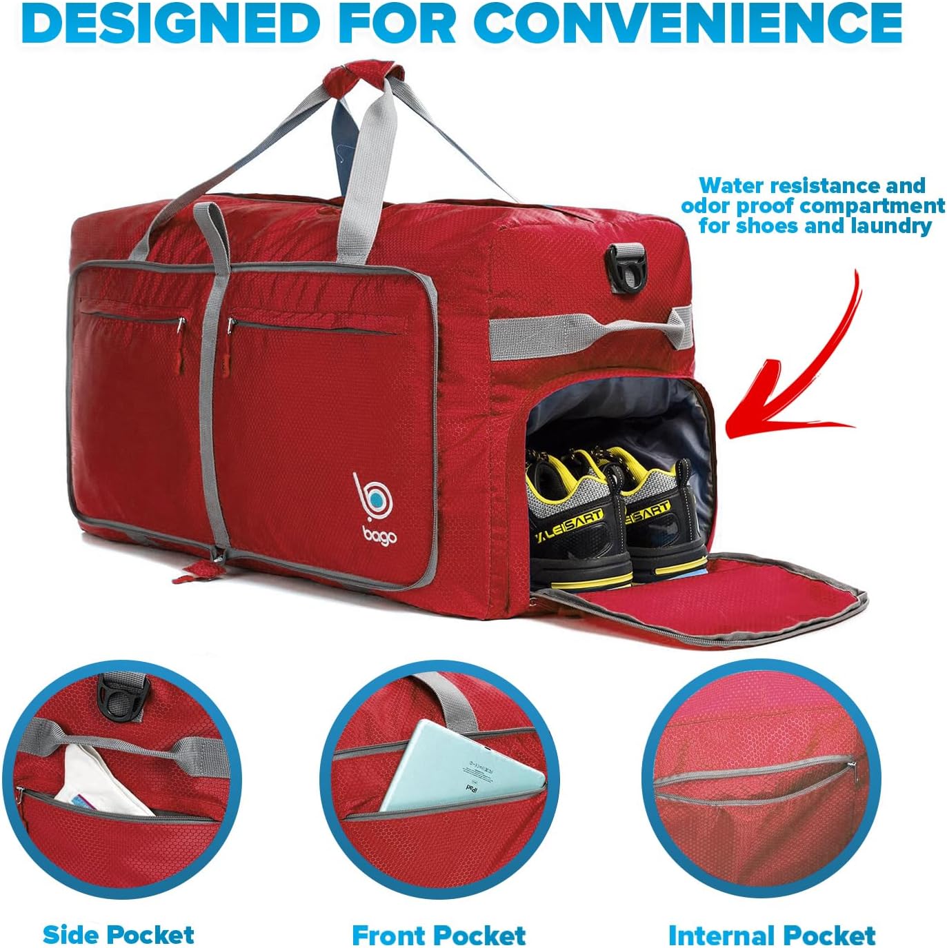 Bago Large Foldable Duffel Bags for Traveling Women & Men - 120L Packable Duffle Bag for Travel with Shoe Compartment - Water Repellant, Heavy Duty, Lightweight Folding & Collapsible (Red)