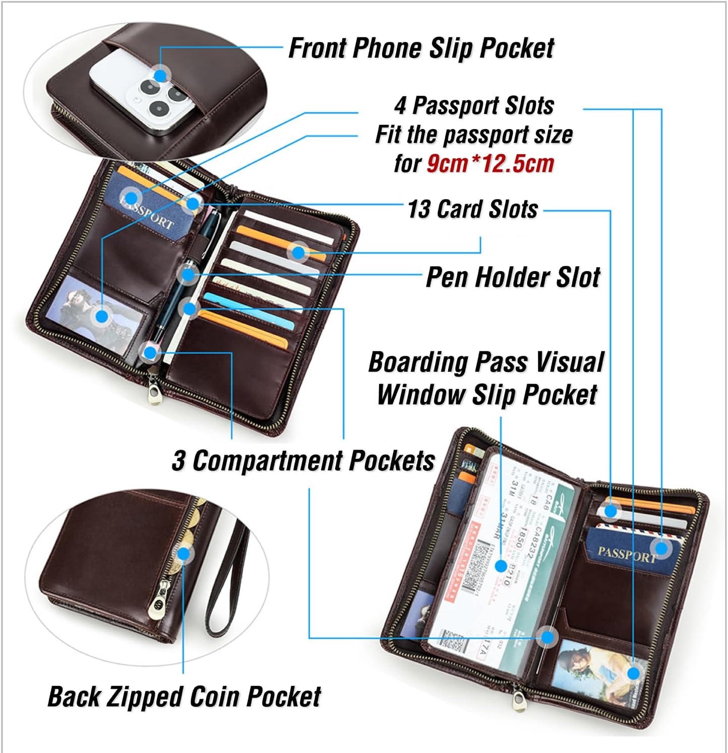 Top Grain Leather Travel Passport Wallet Holder for Man & Woman, Handmade with Three-Layer for 4 Passports & Multi Cards, RFID Blocking Large Capacity for Cards/Passports/Tickets, Brown
