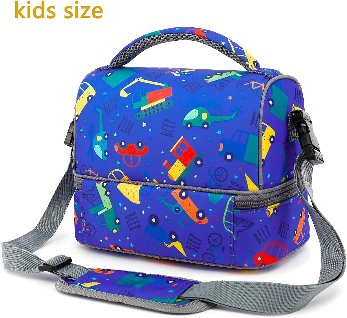 FlowFly Kids Double Decker Cooler Insulated Lunch Bag Large Tote for Boys, Girls, Men, Women, With Adjustable Strap, Car