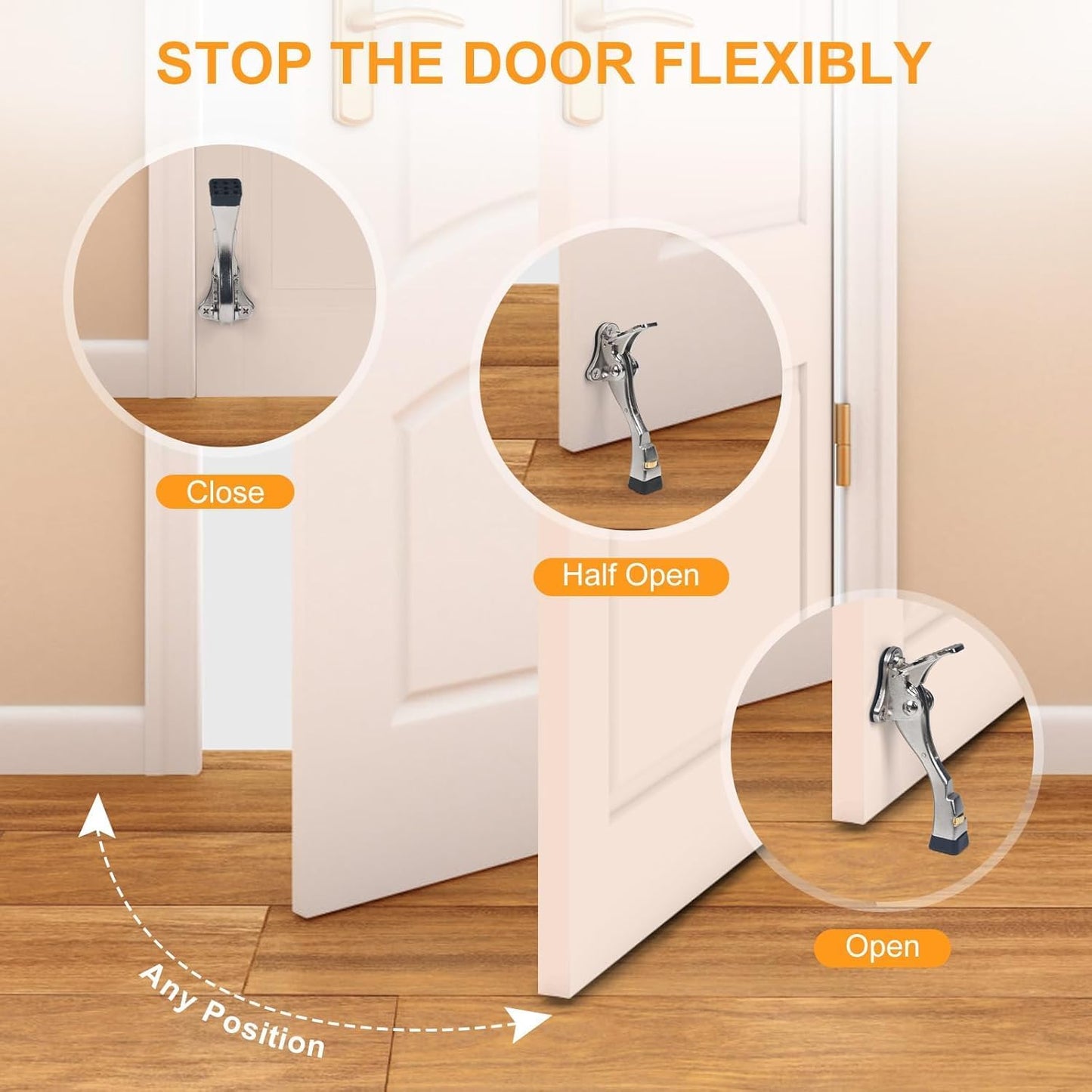 6 Packs Heavy Duty Kickdown Door Stopper, One Touch Adjustable Kickdown Door Stop for Heavy Doors, 4 in Metal Door Kickstand with Rubber Tip & Wall Protectors for Wide Doors