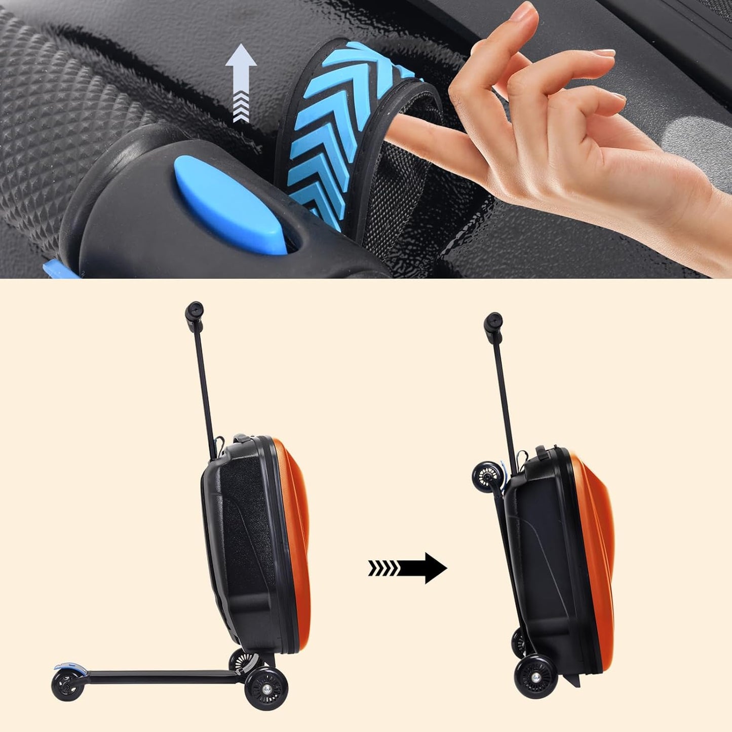 20" Scooter Suitcase for Kids, 2-in-1 Ride On Luggage with Wheels for Boys & Girls Ages 4-15, Foldable Hardshell Carry On Lightweight Travel Suitcase for Airplane (No LED, Orange)