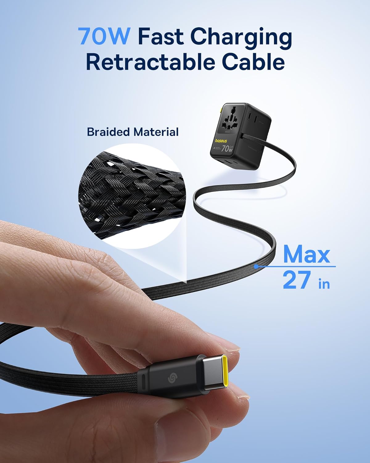 Baseus 70W Universal Travel Adapter and Baseus 60W Retractable USB C Cable