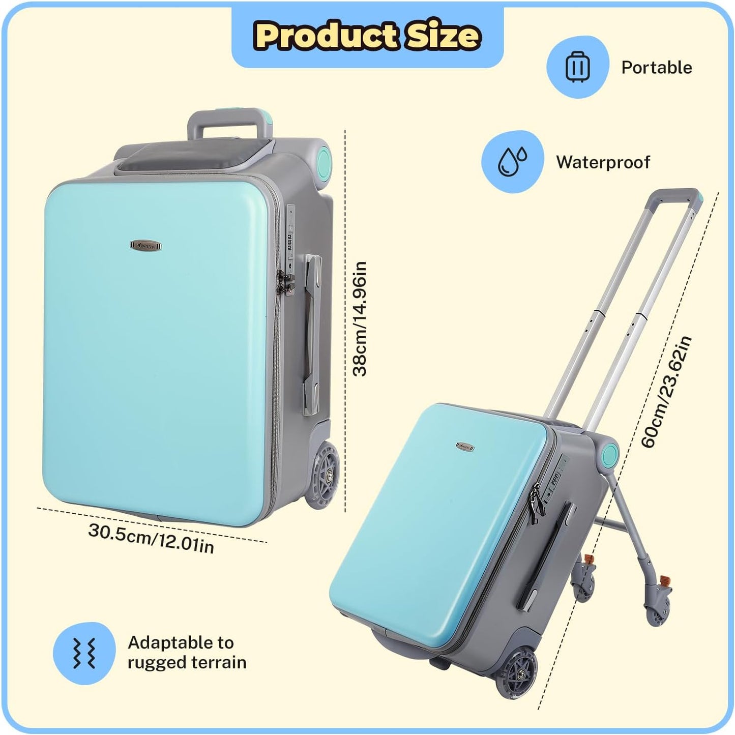 FAHKNS Ride on Carry On Suitcase for Kids,Large Suitcases with Child Seat Design,Rolling Travel Luggage With Kids Seat for Airplane,Blue