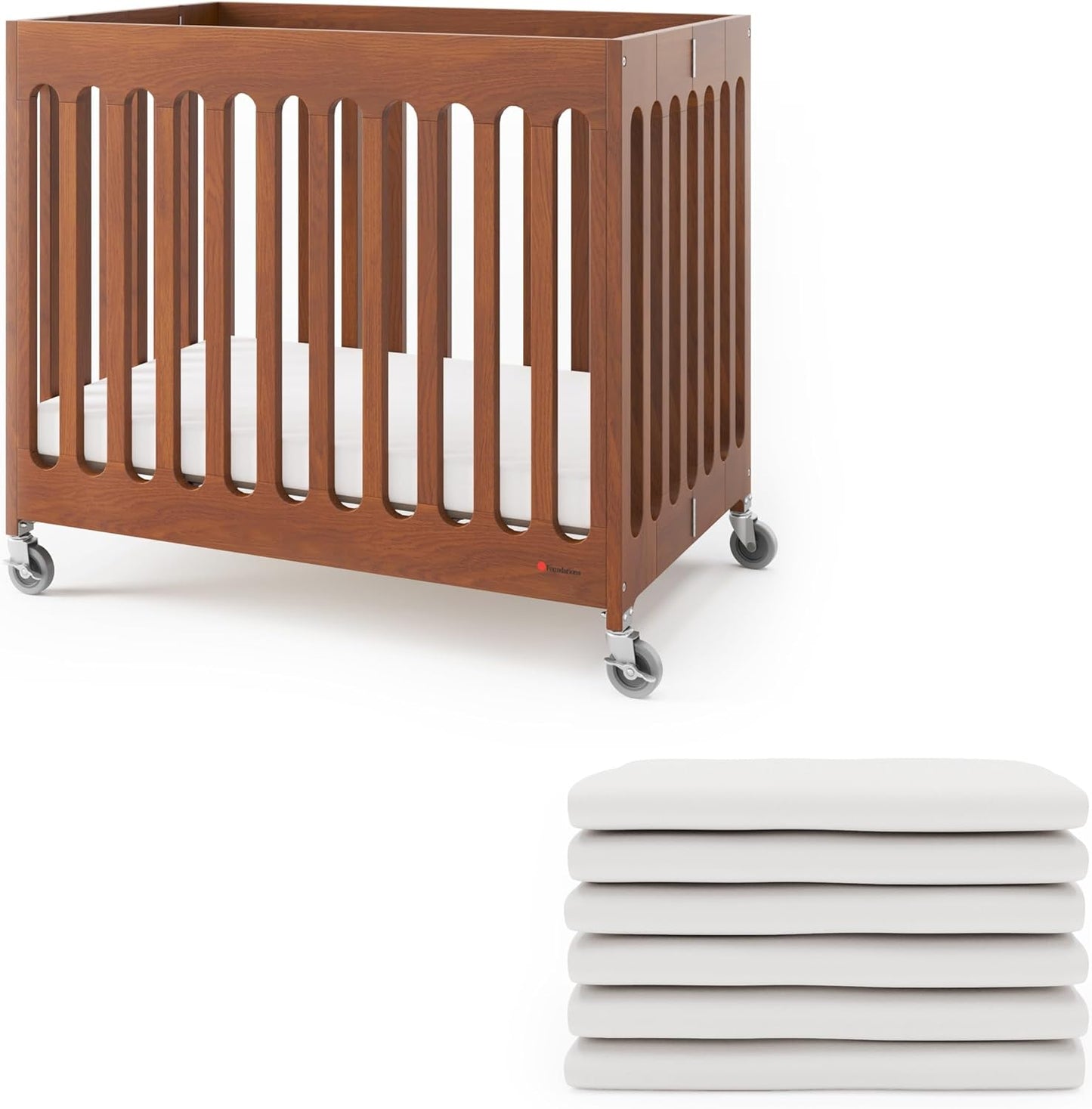 Foundations Boutique Folding Hotel Crib and Sheet Bundle - Includes Wooden Mini Crib with 3" Foam Mattress (Cherry) and 6-Pack White Fitted Compact Sheets