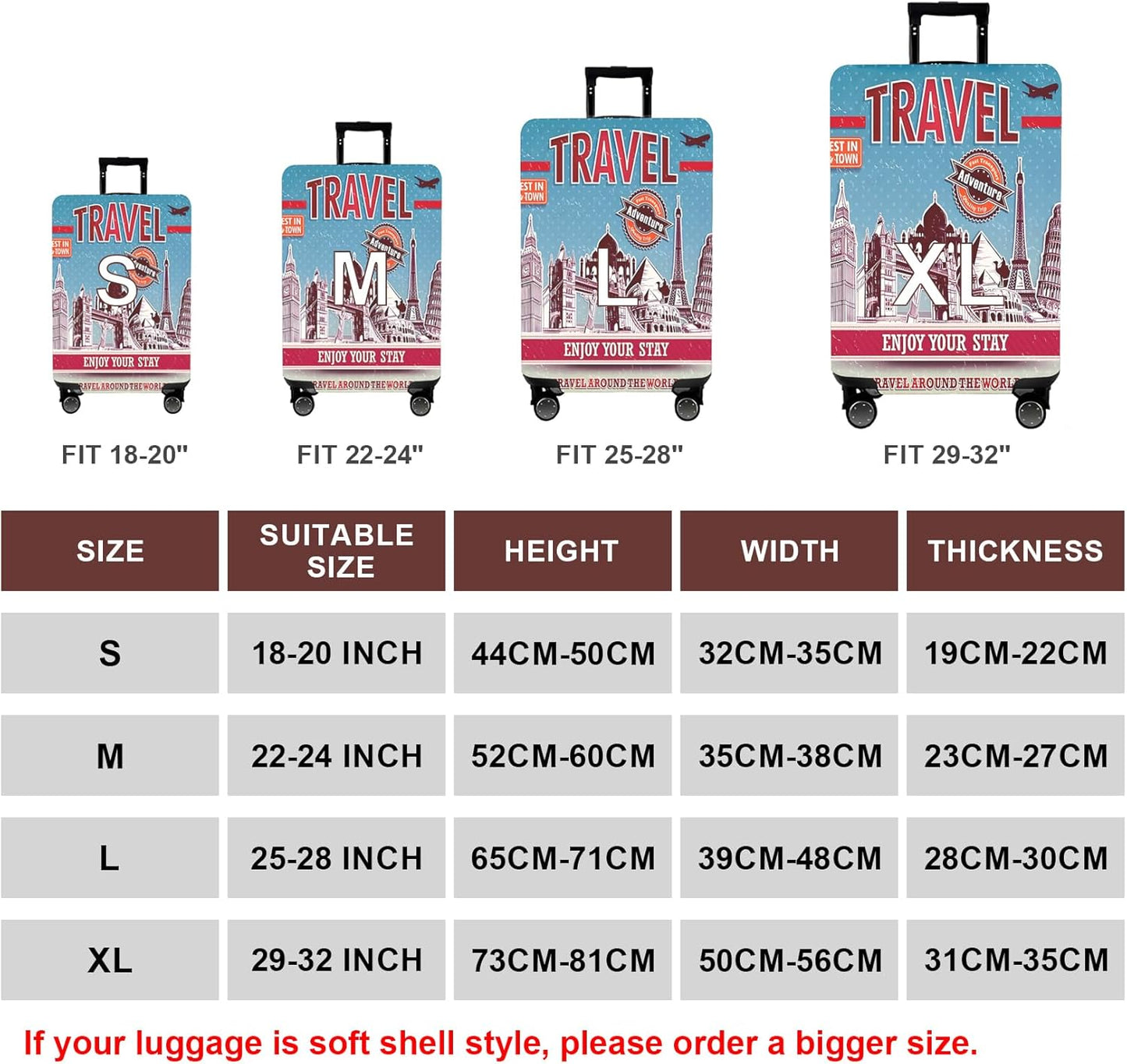 WUJIAONIAO Travel Luggage Cover Baggage Suitcase Cover Protector Skins 18-32 Inch (Tourist Attraction A28, L (for 25-28 inch luggage))