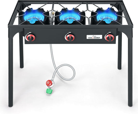 High Pressure Triple Propane Burner Outdoor Propane Camping Stove with 0-20 PSI Adjustable High Pressuer Regulator and Steel Braided Hose 3 Burner Stove Brewing Supply SA3500