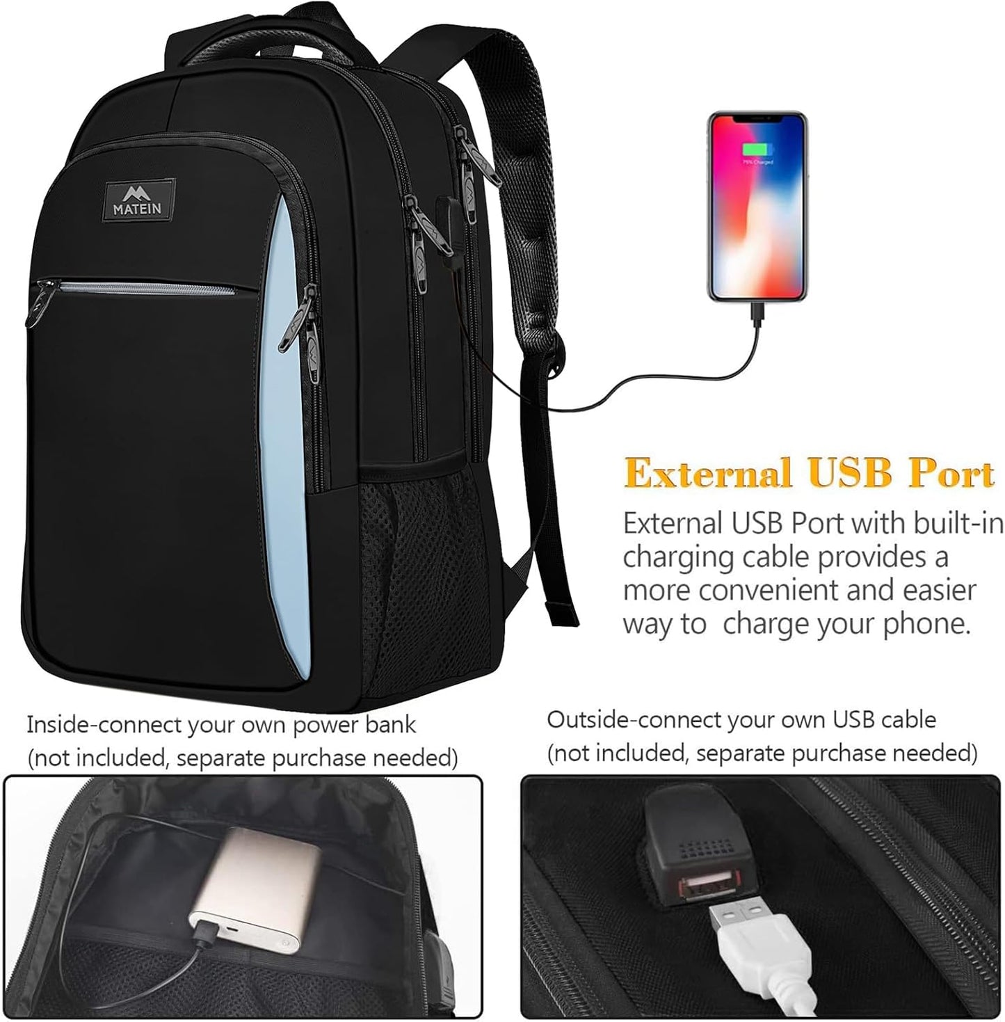 MATEIN Travel Laptop Backpack for Men, Business Anti Theft Slim Sturdy Laptops Backpack with USB Charging Port, Water Resistant College Computer Bag Gift for Women Fits 15.6 Inch Notebook