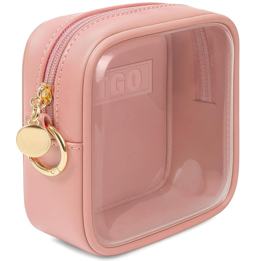 LETGO Mini Makeup Bag - Clear Toiletry Bag with Slip-in Pockets, Cute Cosmetic Essentials Pouch for Women, Pink Car Accessories for Girls(Mini Pink)