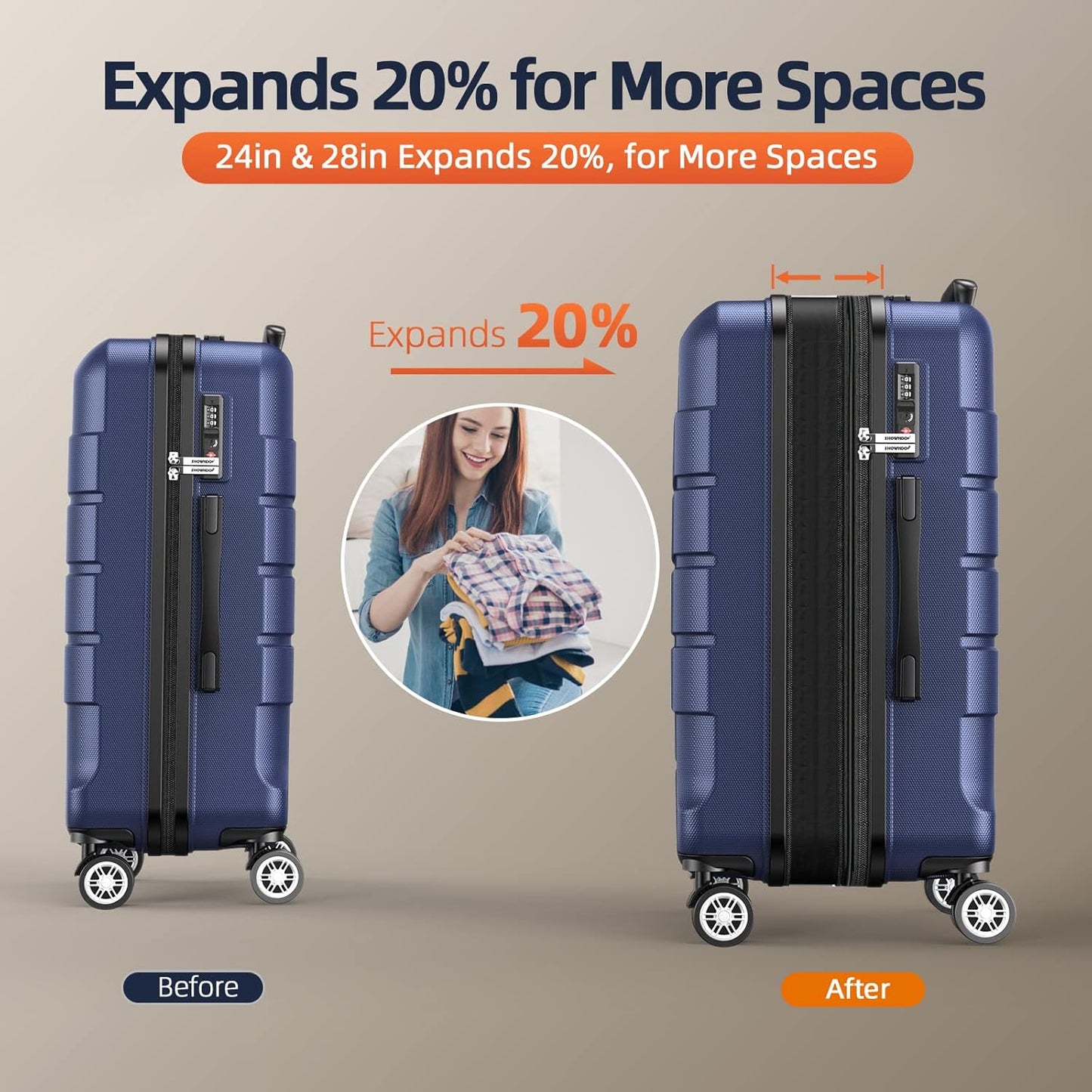 SHOWKOO Luggage Sets Expandable PC+ABS Durable Suitcase Double Wheels TSA Lock Blue