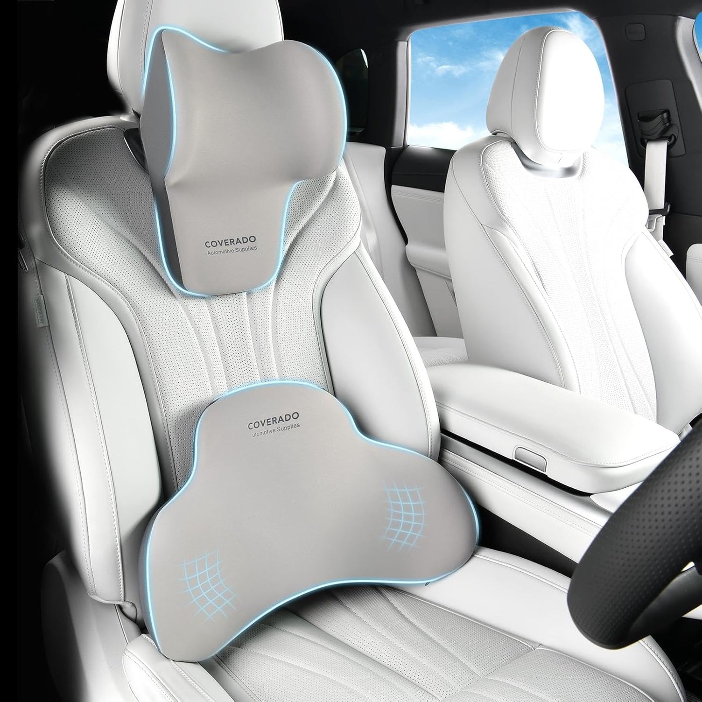 Coverado Lumbar Support and Headrest Pillow for Car, Memory Foam Ergonomic Head Neck Support Pillow for Driving Seat, Back Support and Pain Relief, Seat Cushion for Car, Driver, Office