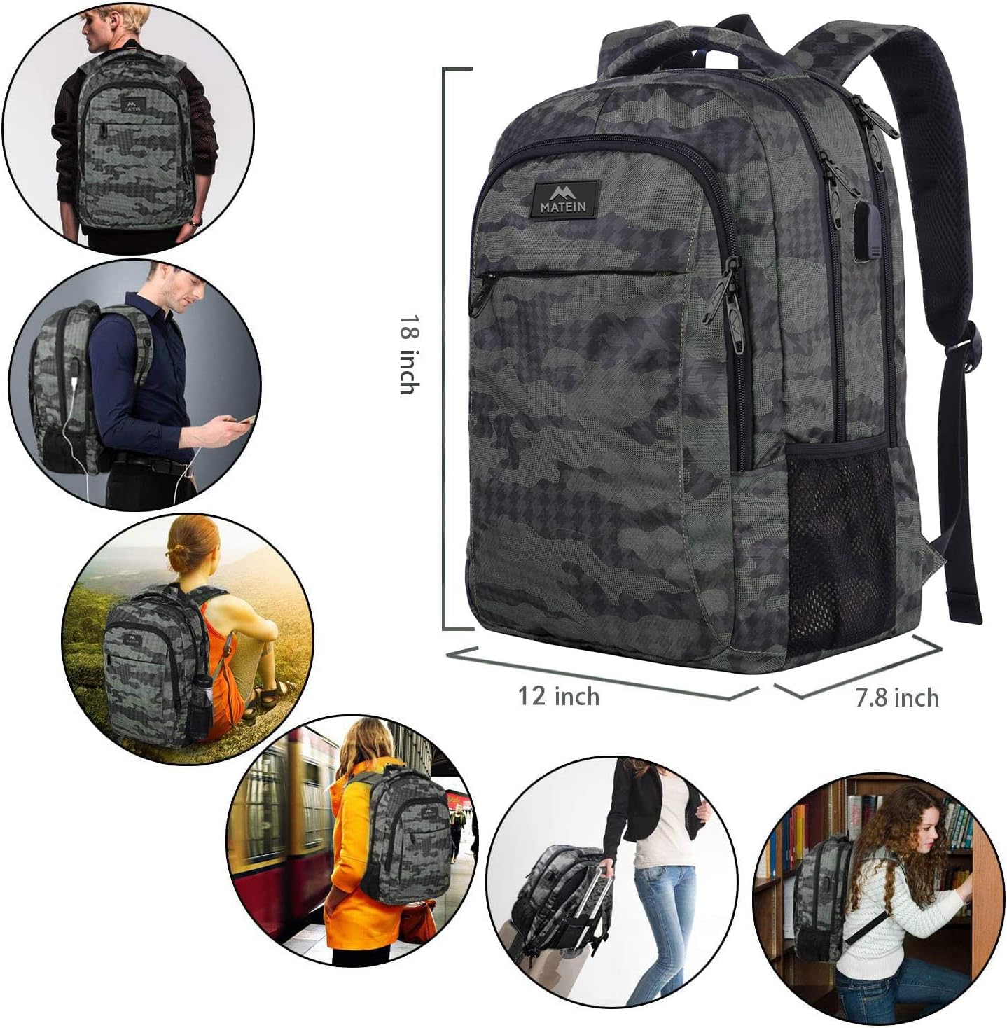 MATEIN Travel Backpack with USB, Sturdy College School Backpack for 15.6 Inch Laptop with Anti Theft Pocket for Women & Men, Slim Lightweight Laptop Bag Computer Bookbag Daypack for Adult Teens Gift