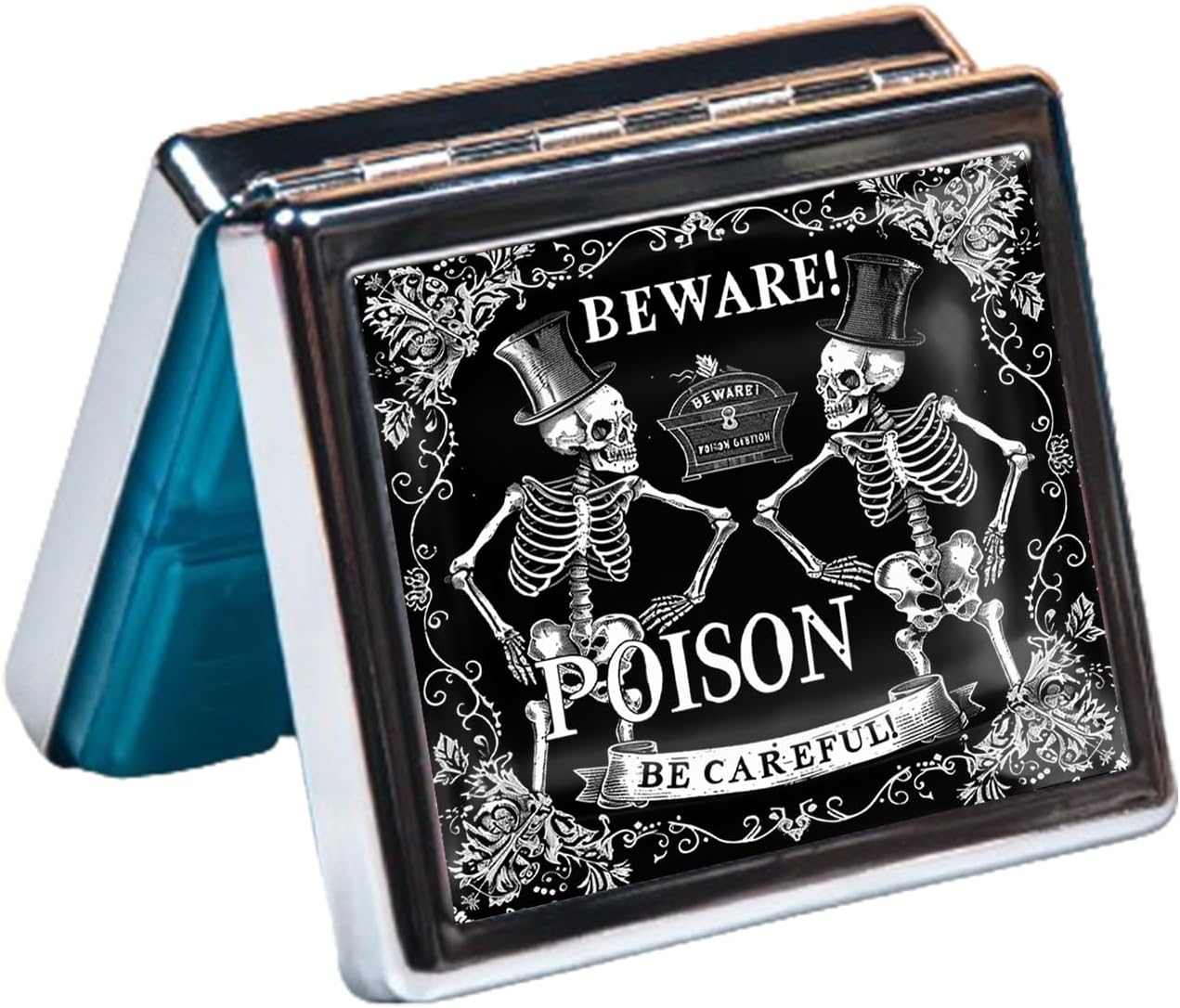Cute and Portable Metal Pill Organizer – 8 Compartments, Elegant Chrome Finish, Ideal for Travel and Daily Use (Beware Poison Skeletons)