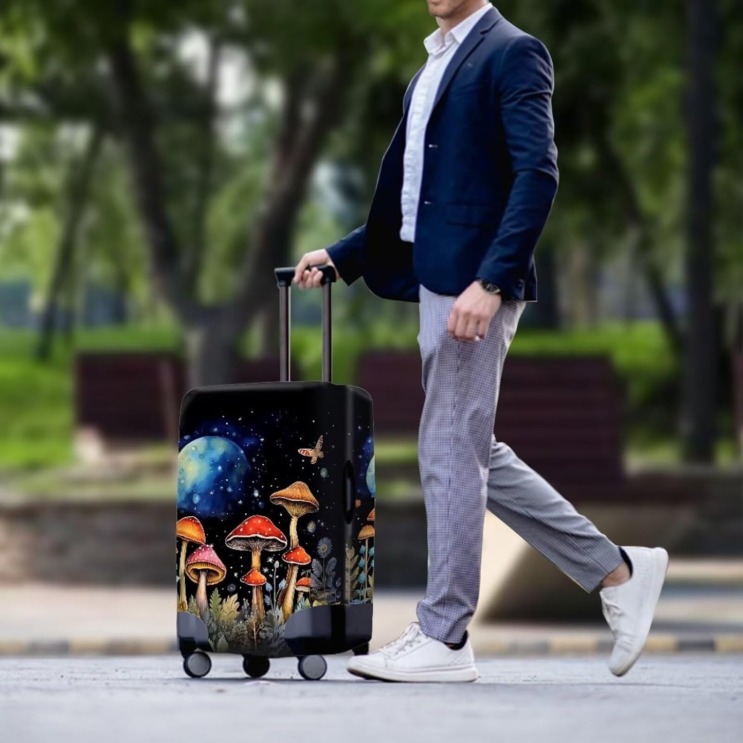Butterfly Mushroom Print Travel Suitcase Cover Protector Elastic Zipper Closure Fit 18-21 Inch Luggage