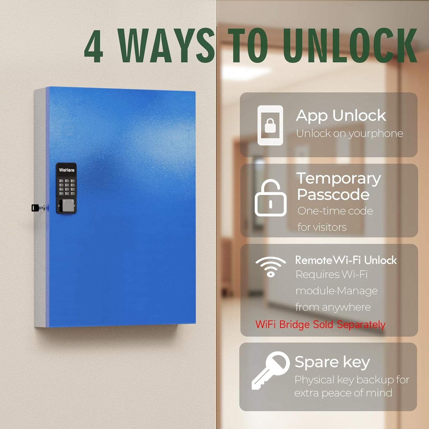 WeHere 192 Key Lock Box Wall Mount, APP Bluetooth/Wi-Fi, OTP/Fixed Code, Smart Key Cabinet with Tag, Key Organizer Holder box for Office, Valet, Realtor, Hotel Key Management