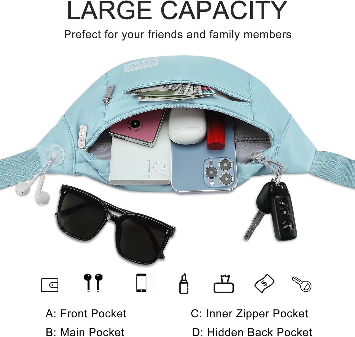 MAXTOP Large Crossbody Fanny Pack with 4-Zipper Pockets,Gifts for Enjoy Sports Festival Workout Traveling Running Casual Hands-Free Wallets Waist Pack Phone Bag Carrying All Phones