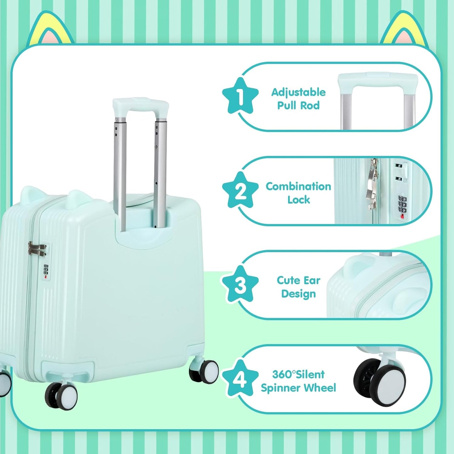 20" Ride-On Travel Suitcase for Kids, Cute Ear Toddler Carry on Luggage with Spinner Wheels, Children Rolling Trolly Luggage with Combination Lock (Green)