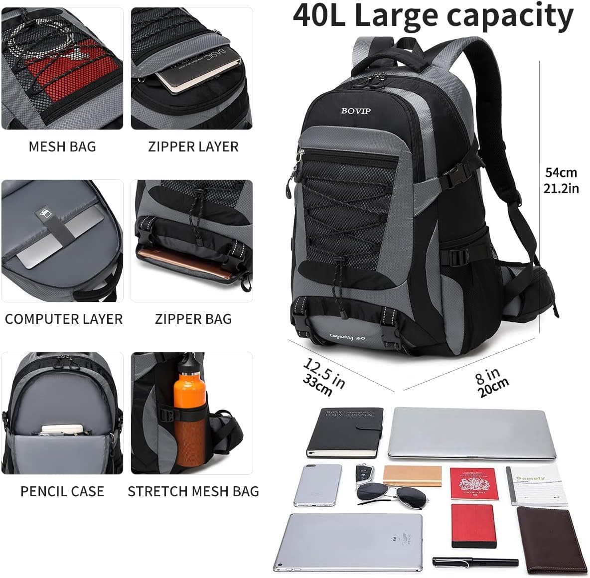 BOVIP 40L Hiking Backpack Waterproof Lightweight Daypack Travel Sports Camping Backpack for Men Women