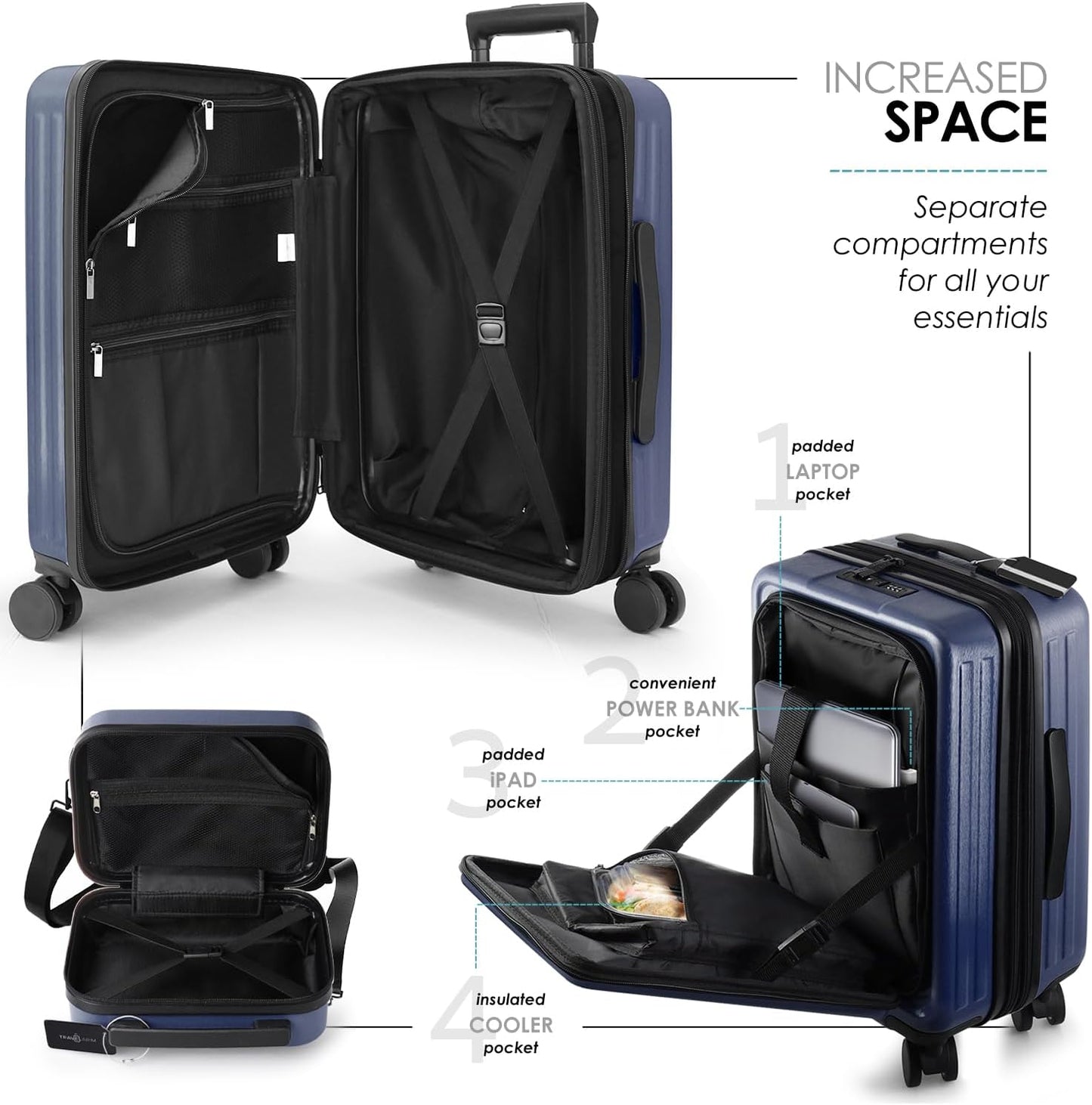 22 Inch Carry On Luggage 22x14x9 Airline Approved, Carry On Suitcase with Wheels, Hard-shell Carry-on Luggage, Durable Luggage Carry-On, Navy Small Suitcase with Cosmetic Case