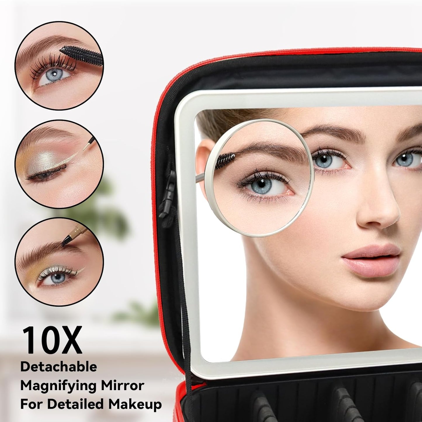 Travel Makeup Bag with LED Mirror and 10x magnifying glass with 3 Lighted Settings, Adjustable Dividers and Makeup Brush Storage Bag Red