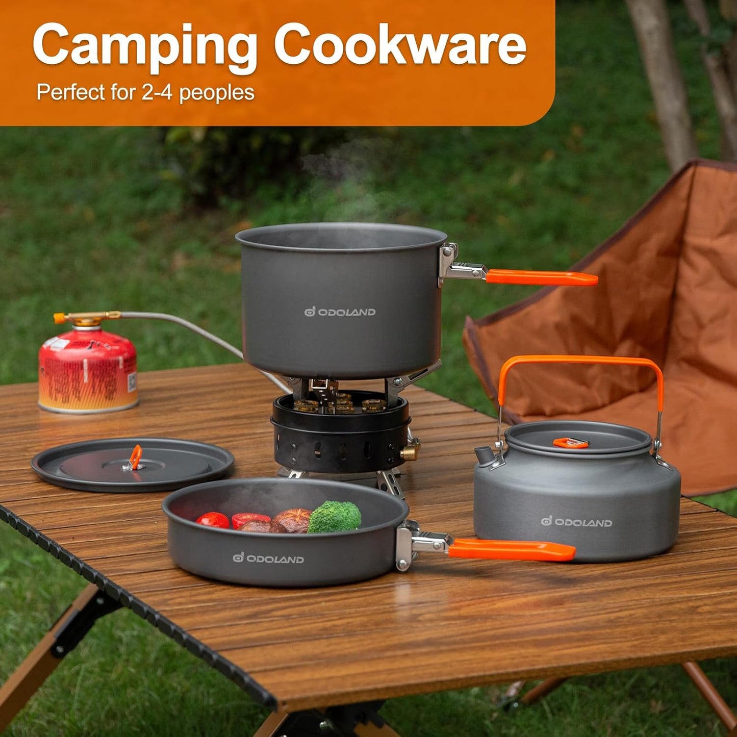 Odoland Camping Cookware Mess Kit, Camping Cooking Pot Fry Pan and 1.1L Kettle Set, Portable Camping Cookware Set with Mesh Bag for Camping, Backpacking, Outdoor Cooking and Picnic