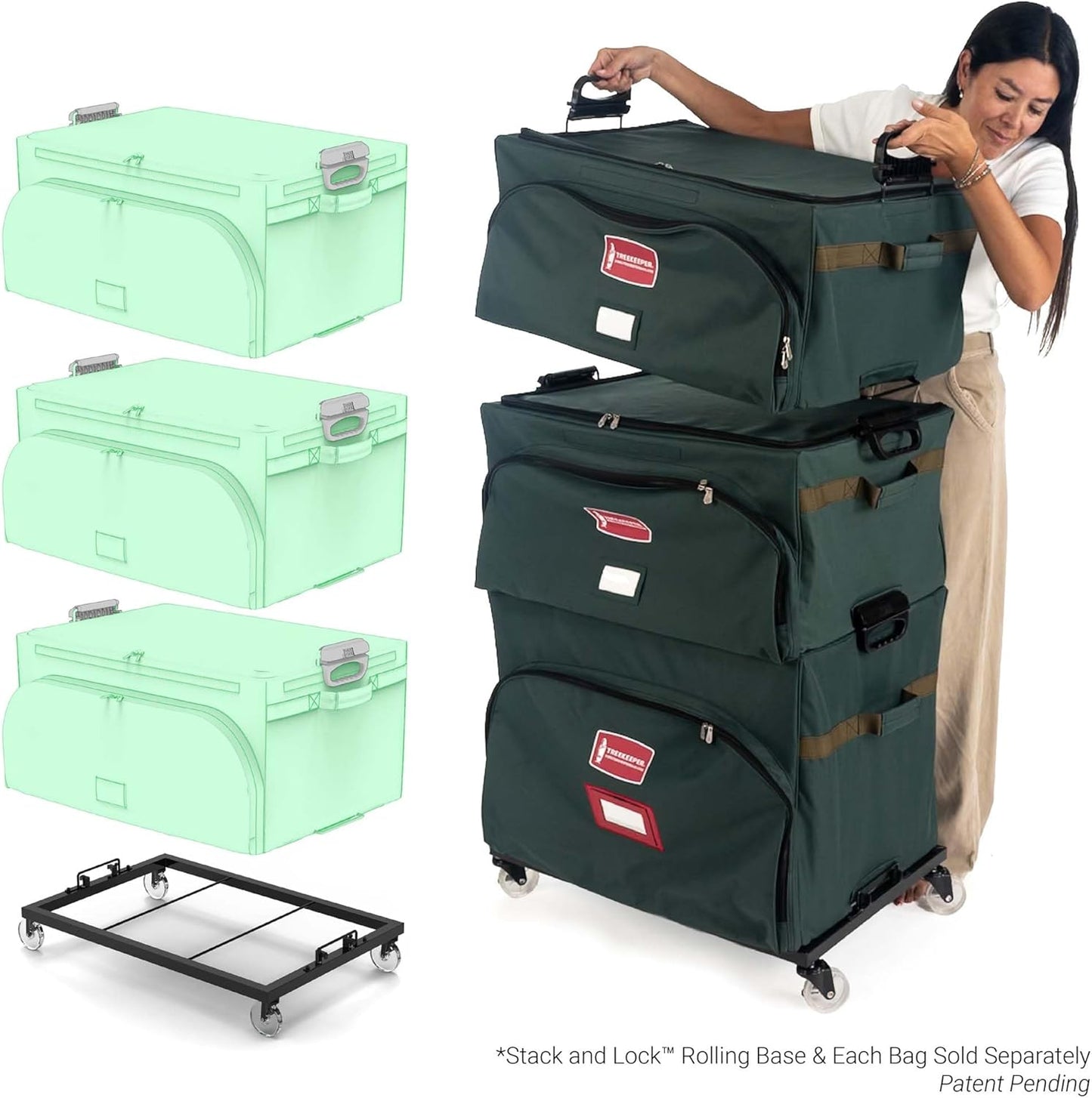 TreeKeeper Stack & Lock™ Green Christmas Ornament Storage Box Holds 72 Ornaments up to 4" Diameter, 3 Removable Trays with Separators, Top Pocket