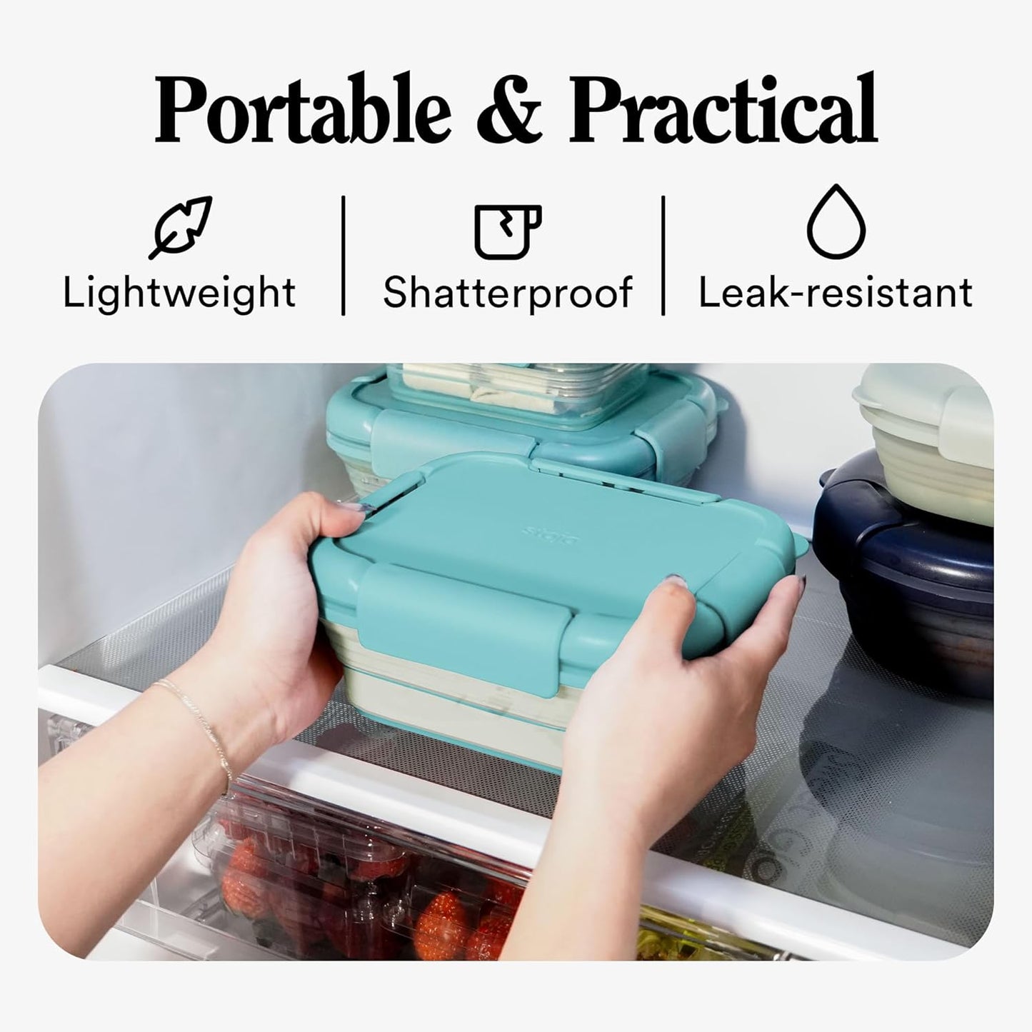 STOJO Collapsible Bento Box, Reusable, Leak-Proof, Microwave & Dishwasher Safe, Premium Lunch Container with Divider – Space-Saving, Transparent Design (Eucalyptus, 6-Cup/1.5L)