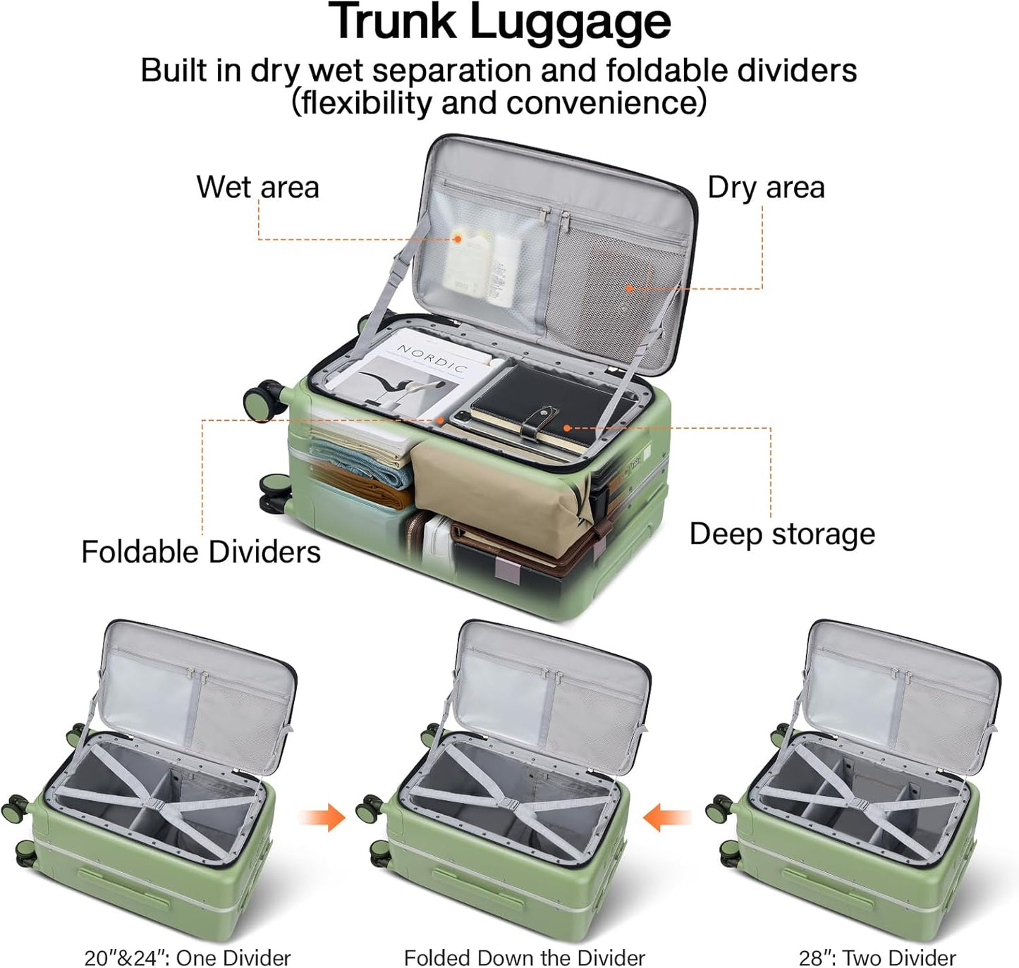 Hanke 20 Inch Carry On Luggage with Cup Holder and Charge,Top Opening Hard Shell Suitcases with Wheels and Dividers,Aluminum Frame Trunk Luggage Small Suitcase with Lock for Travel,Bamboo Green