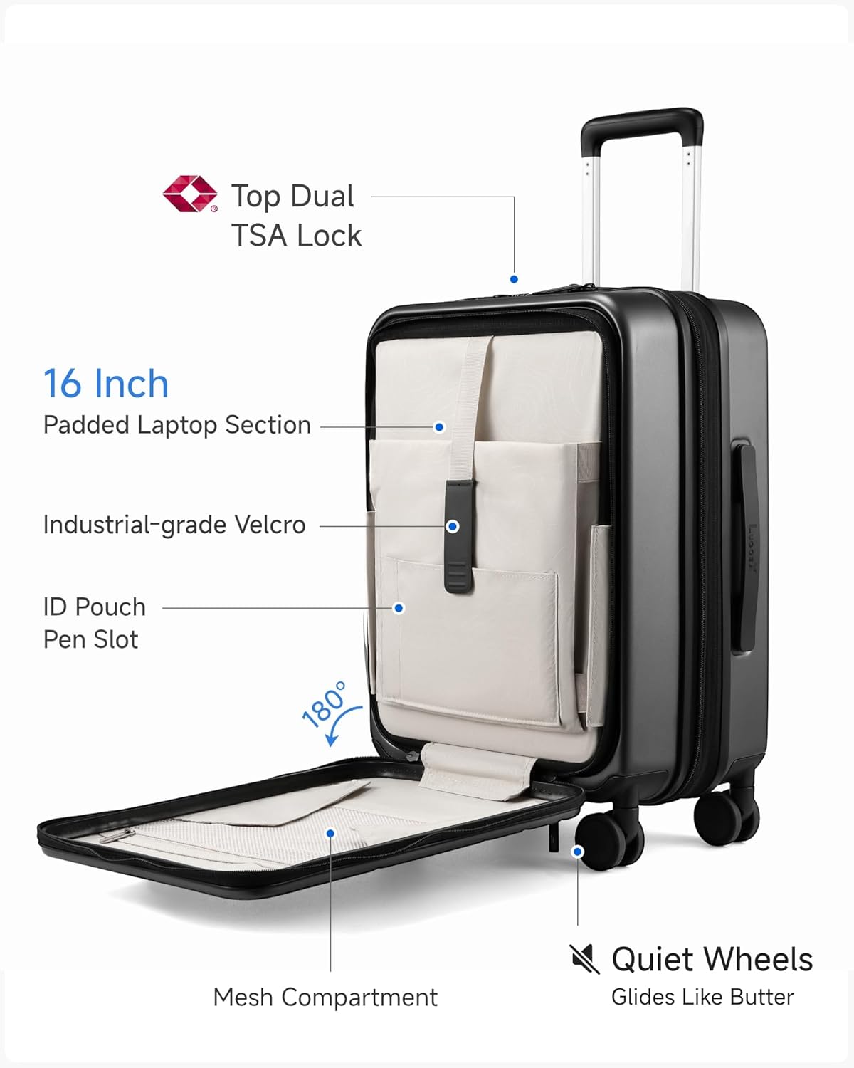 LUGGEX Luggage Sets 2 Piece, FLO5 Expandable Polycarbonate Hard Shell Suitcase Sets with Front Pocket (FX-Core, Black, 20/28 Inch)
