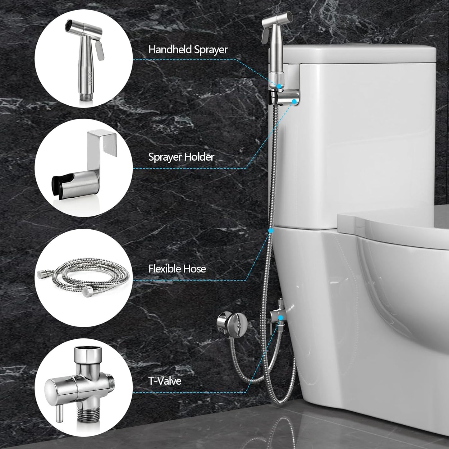 Bidet Sprayer for Toilet with Adjustable Water Pressure, Handheld Bidet Sprayer Kit- Stainless Steel（Don't‌ Use Teflon Tape for Installation）