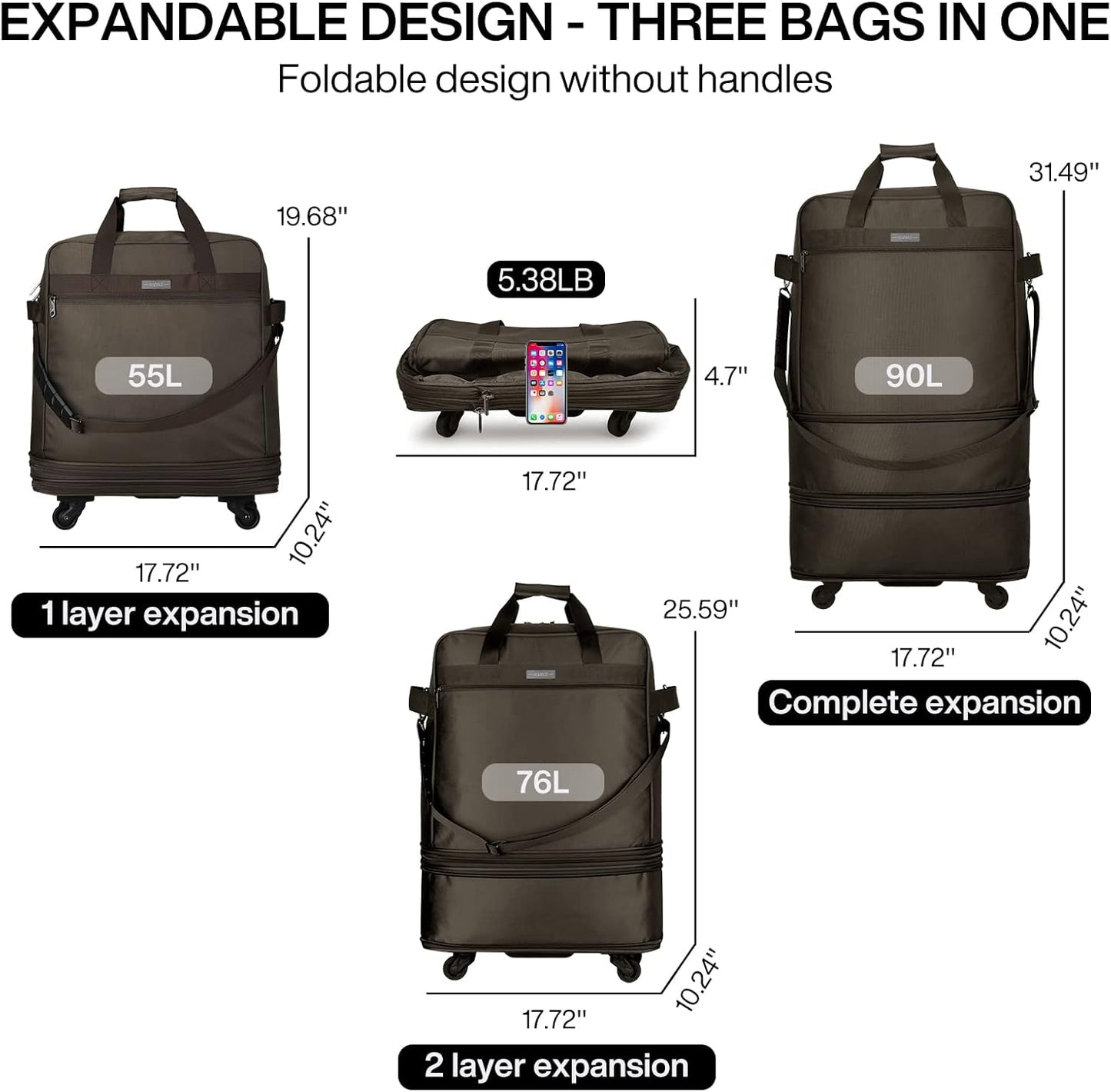 Hanke Suitcases with Wheels Expandable Foldable Luggage Bag Suitcase Collapsible Rolling Travel Bag Duffel Bag for Men Women Lightweight Suitcases without Telescoping Handle, Coffee