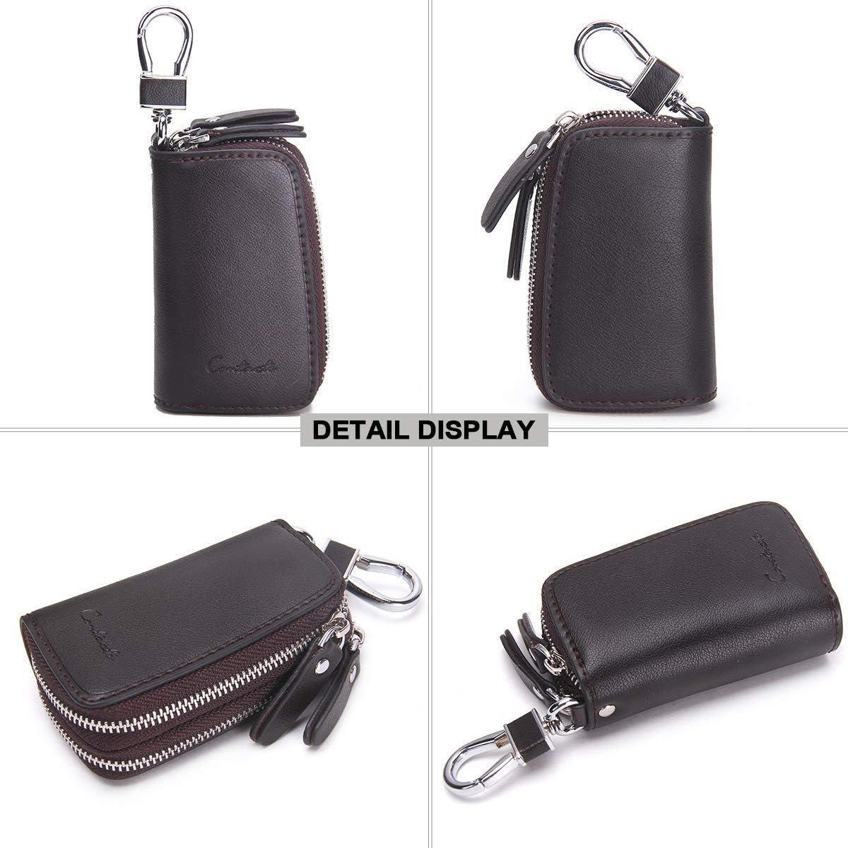 CONTACTS Car Key Case Small Leather Double Zipper Key Holder with 4 Keyrings Keys Organizer for Men Women