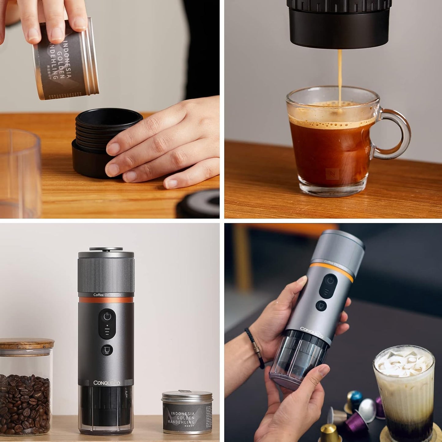 CONQUECO Portable Espresso Coffee Machine: 12V Electric Small Travel Expresso Maker - Self Heating 8 Cups Battery Powered Compatible for Nespresso Capsule - for Camping RV Hiking Office (Brown)