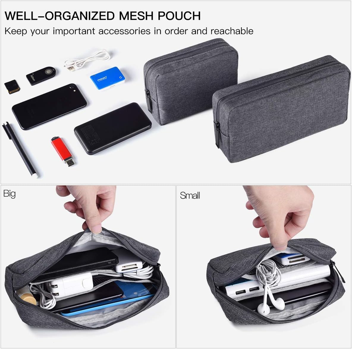 Universal Electronics Accessories Carrying Case, 2PCS Big + Small Portable Storage Pouch, Cosmetic Bag, Cable Organizer Compatible Hard Drive, Mouse, Power Bank, Adapter, Cellphone, Space Gray