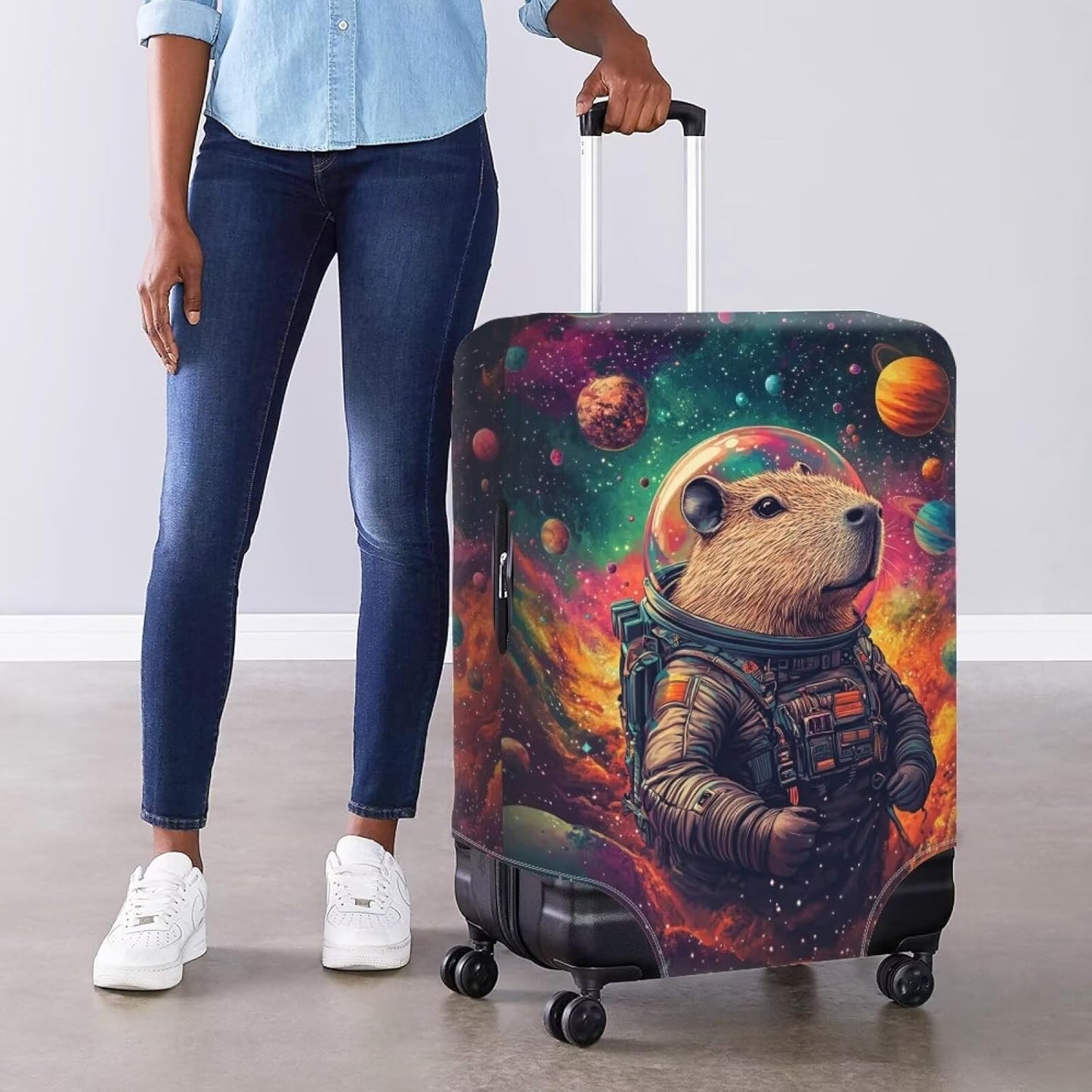 Cute Capybara Suitcase Cover Fit 18-21 Inch Anti-Scratch Washable Spandex Travel Luggage Covers for Suitcase Solar System Planet Travel Essential Baggage Case Protector