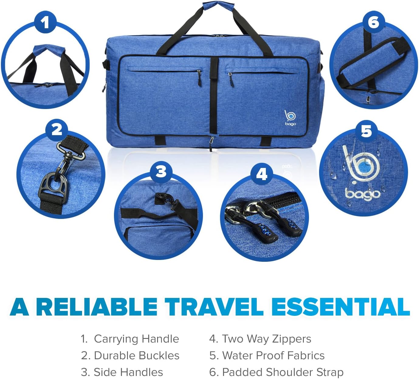 Bago Large Foldable Duffel Bags for Traveling Women & Men - 100L Packable Duffle Bag for Travel with Shoe Compartment - Water Repellant, Heavy Duty, Lightweight Folding & Collapsible (SnowDepBlue)