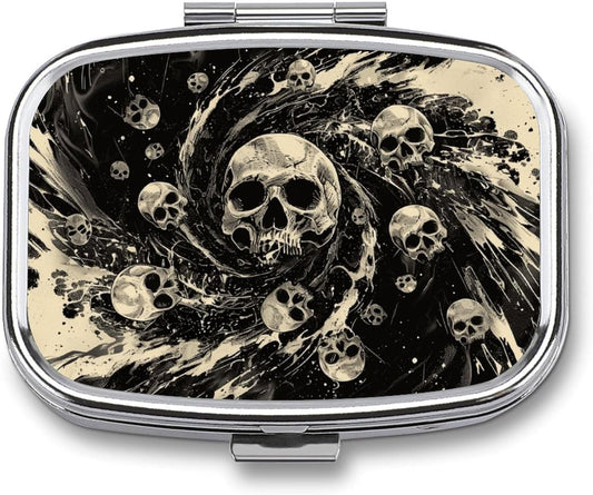 Metal 2 Compartment Pill Organizer Travel Friendly Portable Compact Pill Box Cute Pill Case,for Pocket Wallets Daily Portable Medicine Vitamin Tablet Storage (The Skeleton in The Vortex)
