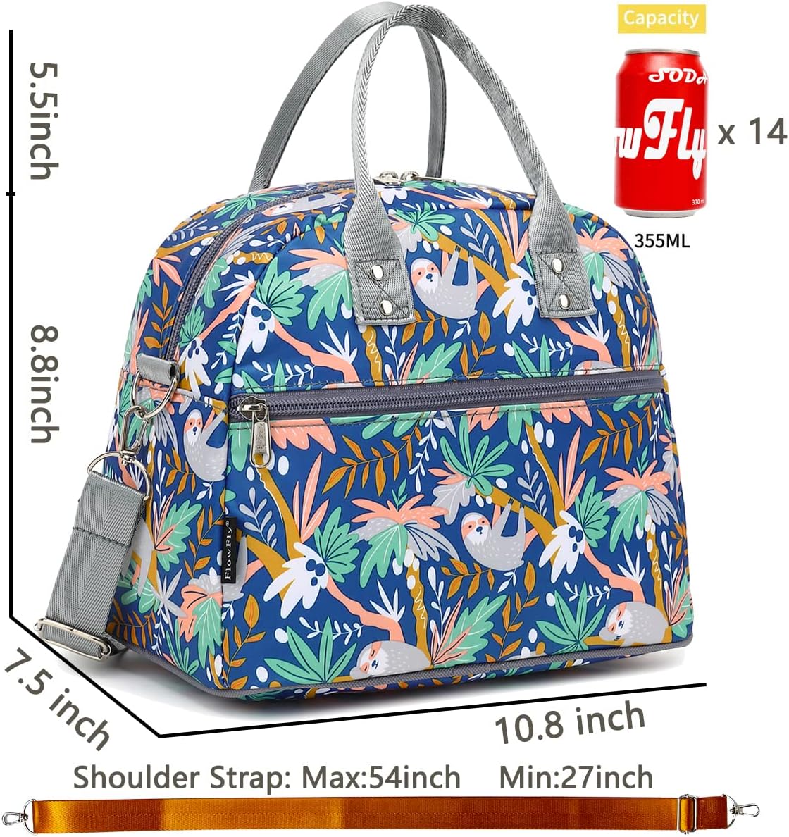 FlowFly Insulated Lunch Bag With Shoulder Strap for Women, Men, and Kids, Large and Reusable, Handle, Freezable Work and School Travel Tote and Meal Prep Organizer,Sloth