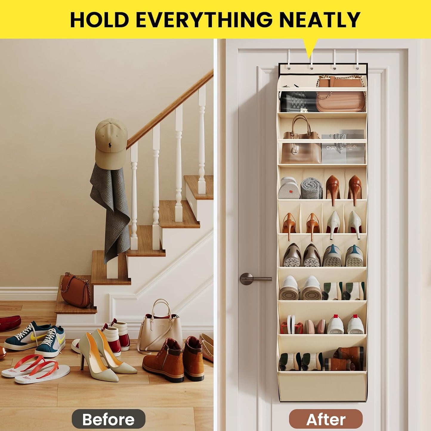 Over the Door Shoe Organizer for Closet, Shoes Rack with 8 Tier Large Deep Pockets, Hanging Shoe Organizers for Boot Storage, Behind the Door Narrow Shoe Holder for Small Shoes, Beige