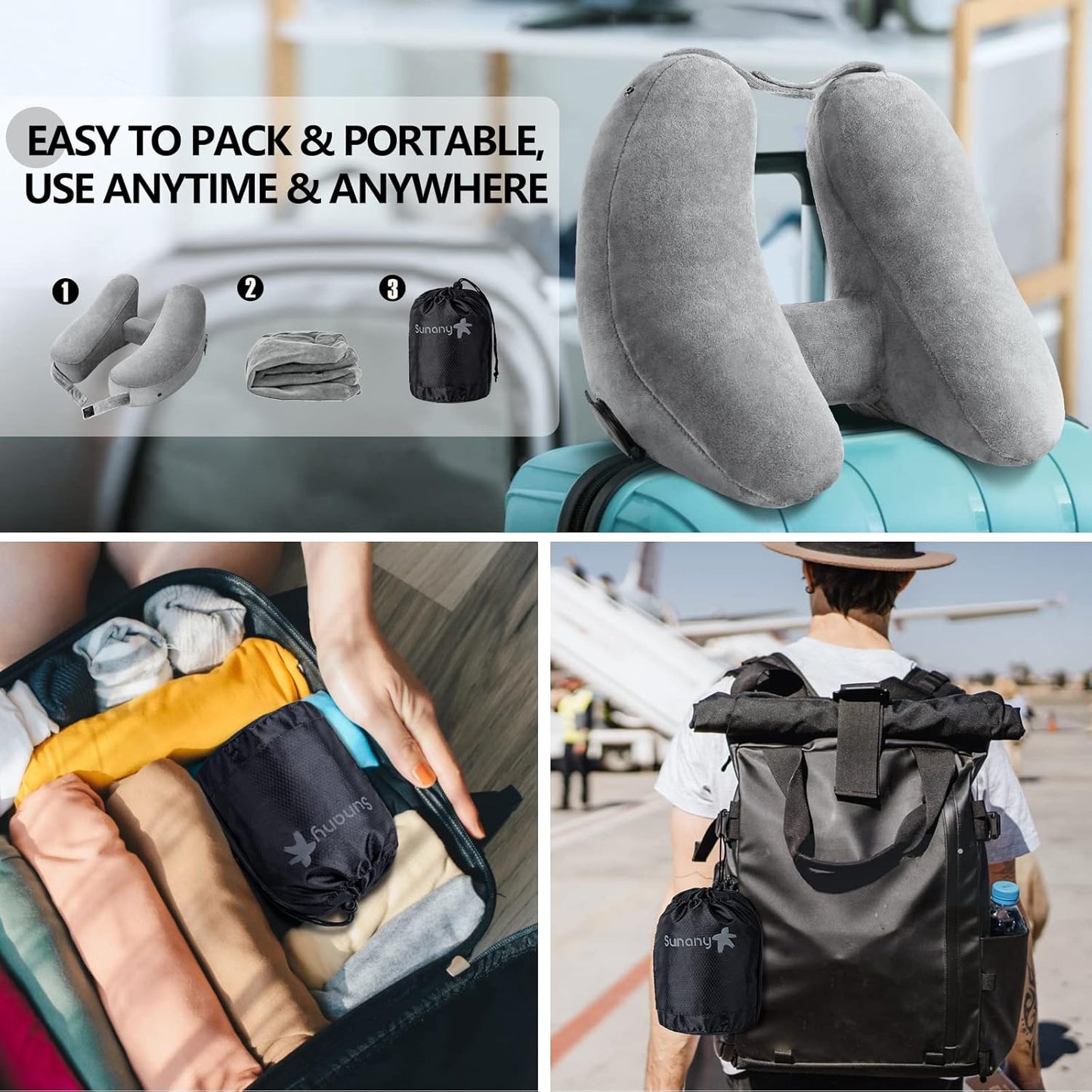 Sunany Neck Pillow for Travel Inflatable Airplane Pillow Comfortably Supports Head,Neck and Chin,Inflatable Travel Pillow with Soft Velour Cover,Hat,Portable Drawstring Bag (Grey)