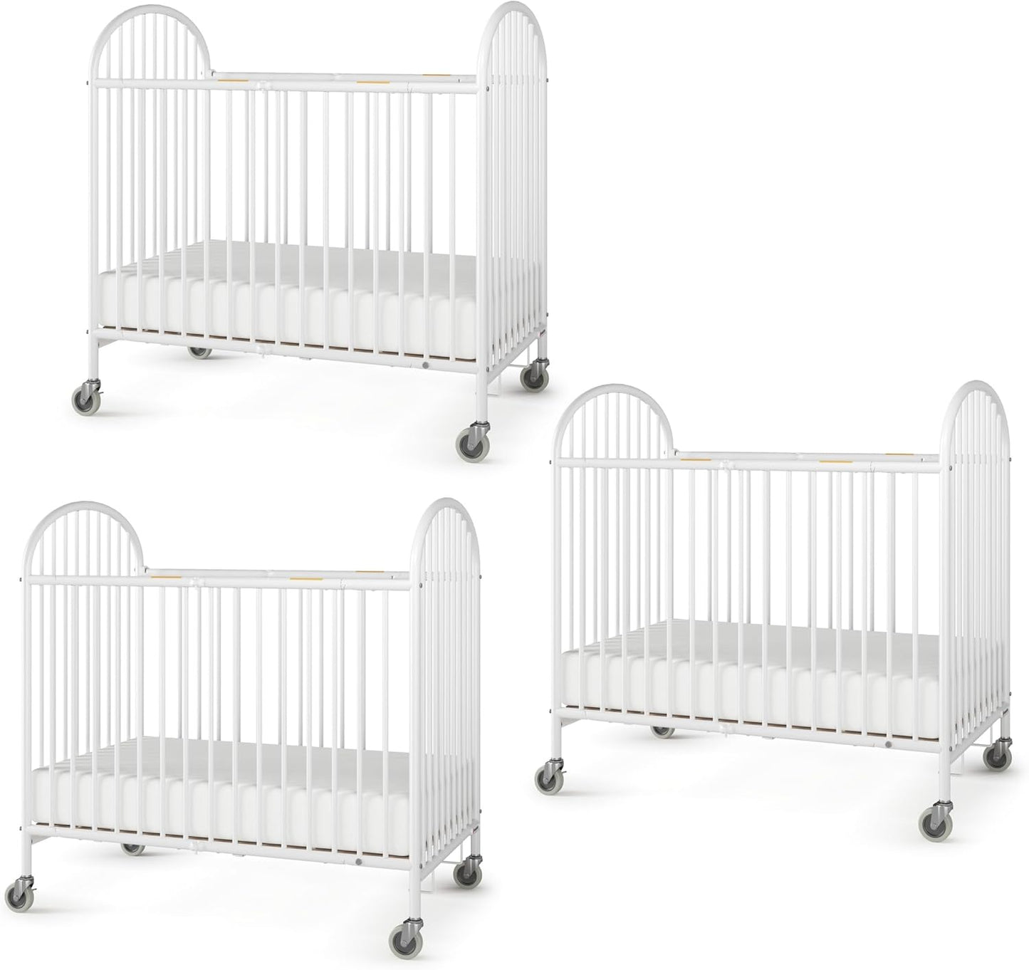 Foundations Pinnacle Metal Compact Folding Crib 3 Pack for Hotels, Foam Mattress Included and Commercial Grade 3" Casters (White)
