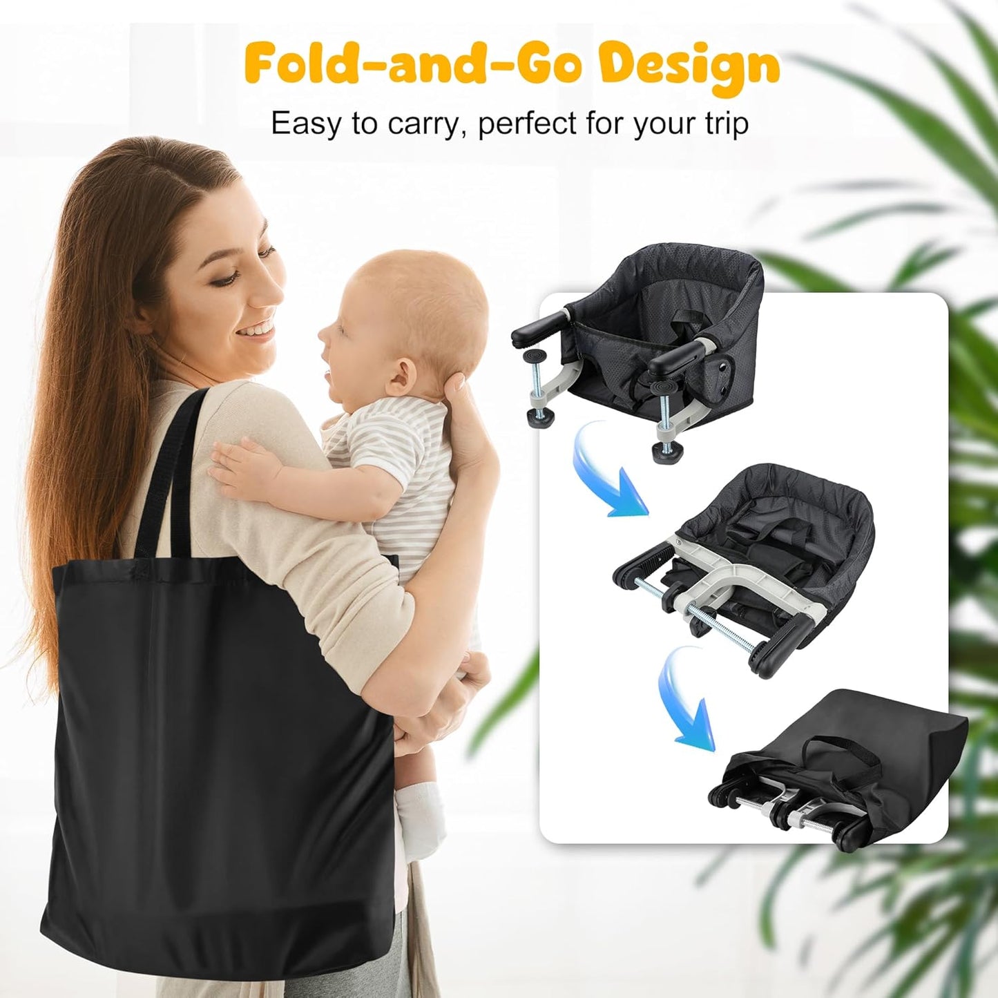 Hook On Chair with Removable Dining Tray,Portable Table High Chair, Folding Baby Chair with Storage Bag for Indoor/Outdoor(Black)