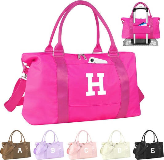 Overnight Bag for Kids Teen Girls Weekender Dance Bag Birthday Graduation Gifts,Initial Travel Duffel Bag Sports Gym Bag Personalized Weekender Bag Carry On Bags Preppy Gifts for Women(Hot Pink, H)