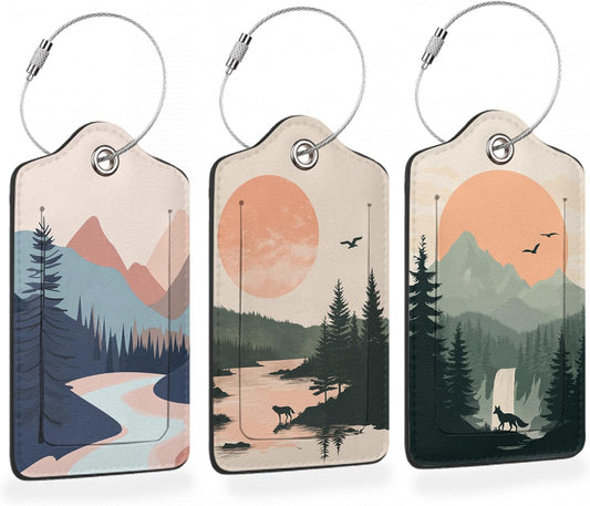 Mystic Wolf Sunset 3 Pack Luggage Tags for Suitcases, Minimalist Mountain River PU Leather Luggage Tag for Travel, Bag Tags with Privacy Name ID Card and Steel Loop for Women Men