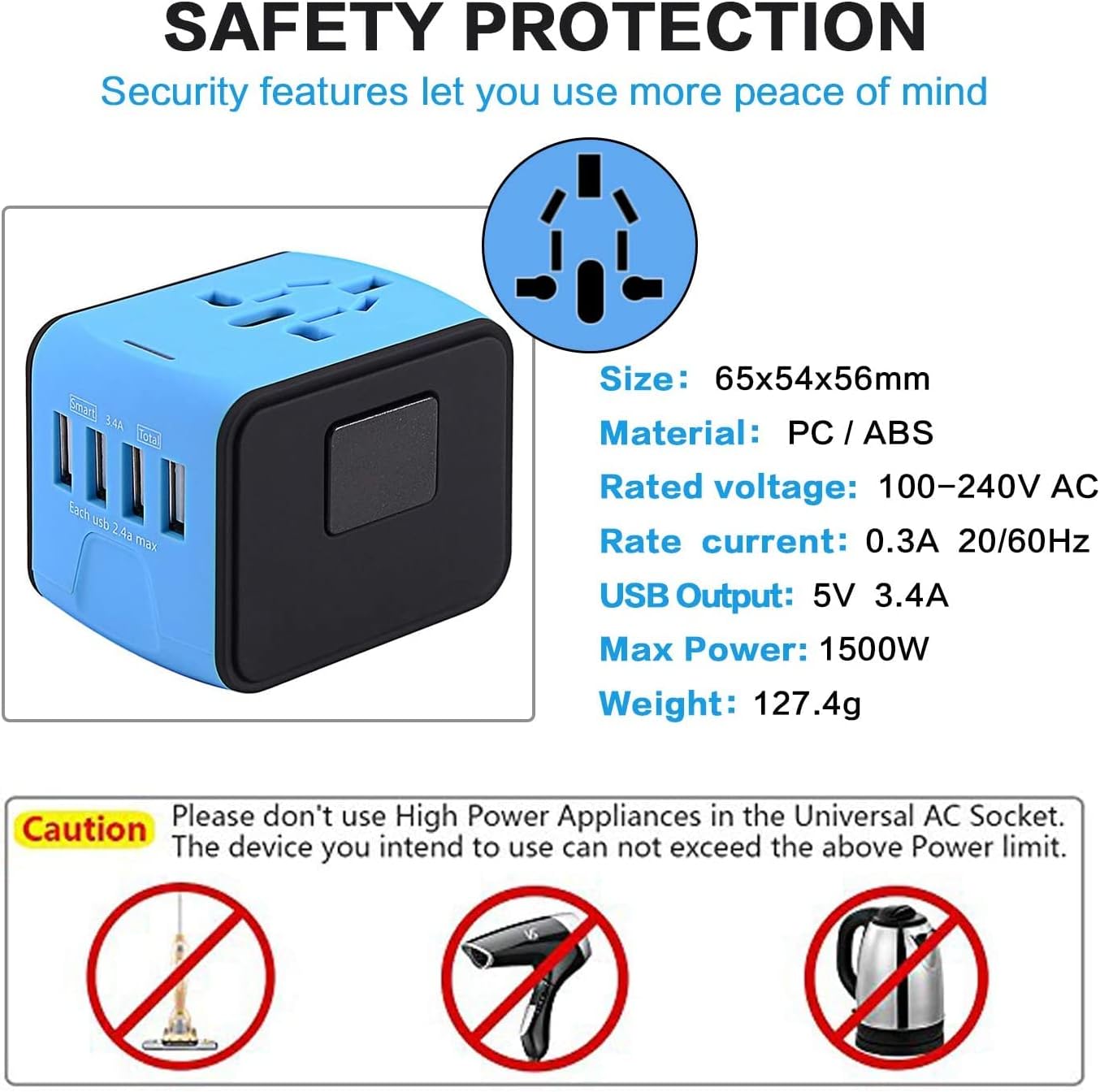 International Travel Adapter Universal Power Adapter Worldwide All in One 4 USB-A Ports Perfect for European US, EU, UK, AU 200+ Countries (Blue)