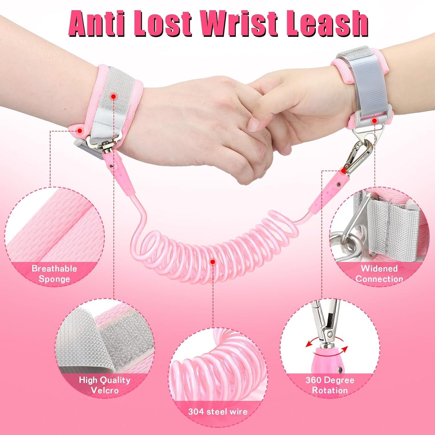 Toddler Leash-Baby Walking Safty Harness and Child Anti Lost Wrist Link for Girls/Boys Travel (Pink)