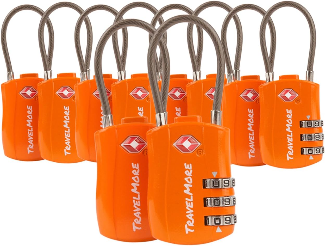 TravelMore 10 Pack TSA Approved Travel Combination Cable Luggage Locks for Suitcases - Orange