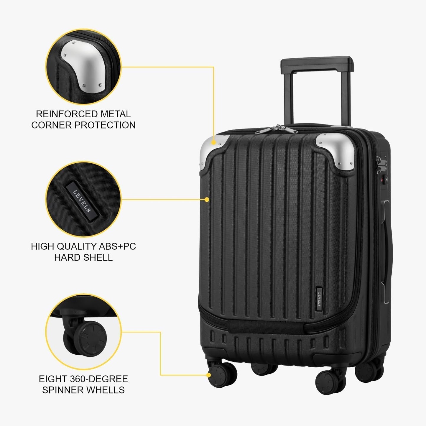 LEVEL8 Grace Carry on Luggage, 20 Inch Hard Shell Suitcases with Spinner Wheels, Abs+Pc Hard Case Luggages with Tsa Lock, Black